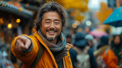 Naklejka premium Smiling Mature Man Pointing in Autumn Street 秋の街で指差す笑顔の大人の男性