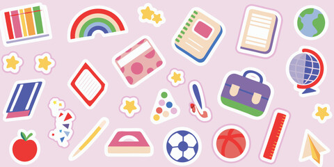 A colorful collection of school supplies and objects scattered on a light pink background