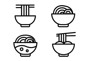 Noodle soup outline icon set. Asian cuisine ramen bowl vector illustration. Minimalist line art symbol for Japanese or Chinese restaurant menu. Simple food graphic element.
