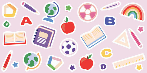Collection of colorful cartoon school supplies and educational icons on a light pink background