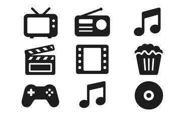Media entertainment solid icon set. TV, radio, music, cinema symbols. Film clapperboard, popcorn, game controller, cd, and audio video signs. Simple glyph vector illustration.