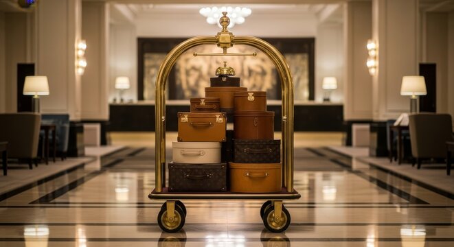 Hotel Luggage Cart with Vintage Suitcases Ready for Guest Arrivals and Seamless Travel