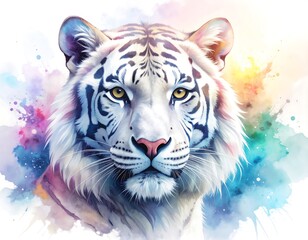 Vibrant white tiger portrait with colorful watercolor background