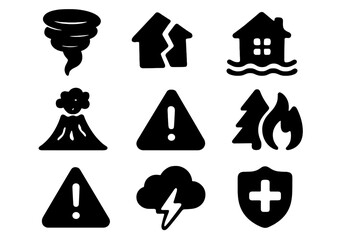 Natural disaster solid icon set. Emergency, warning, and safety symbols. Vector collection of volcano, tornado, earthquake, flood, forest fire, and thunderstorm icons for design.