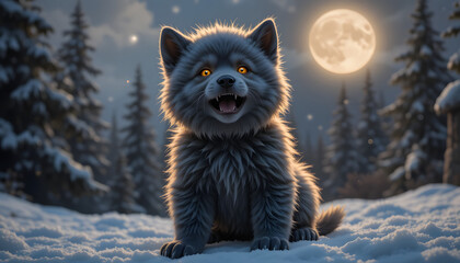 Young Wolf Sitting in Snow Under Full Moon &ndash; Winter Wildlife Fantasy Art