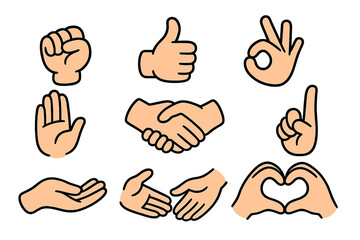 Hand gestures vector icon set. Communication concept. Thumbs up, ok sign, handshake, heart hands, fist, point. Support, deal, love, like, agreement, direction. Cartoon collection.