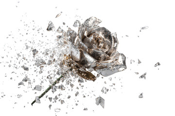 A shattered silver rose explodes in a burst of icy fragments