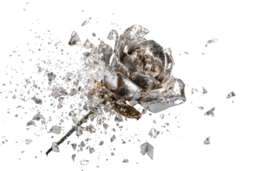 A shattered silver rose explodes in a burst of icy fragments