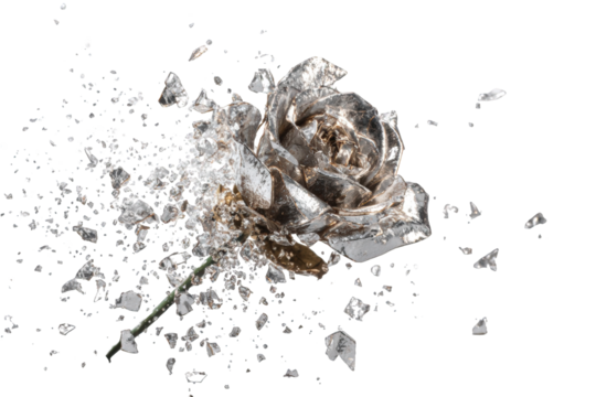 A shattered silver rose explodes in a burst of icy fragments