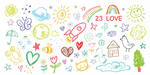 Whimsical hand drawn doodles featuring space rocket planet sun rainbow and animals for kids