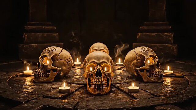 Mysterious skulls and candles create an eerie, ancient ritual atmosphere in a dark chamber