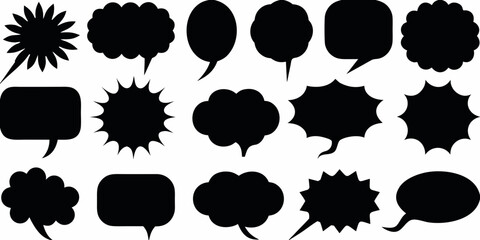 Collection of diverse black speech bubbles and comic book style thought bubbles on white background
