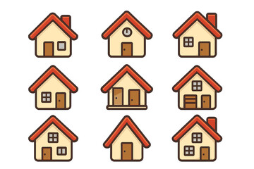 Multiple Simple House Icons with Varying Designs in a Grid Layout, Cartoon Vector Illustration, Transparent Background, Diverse Residential Building Symbols, Set of Home Icons