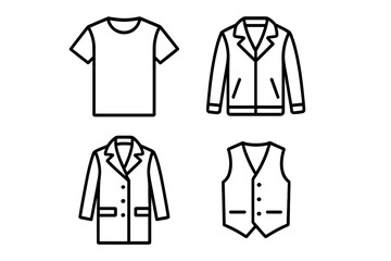 Fashion and apparel outline icon set. Clothing, jacket, coat, vest and t-shirt linear icons. Garment and wear vector collection for graphic design. Minimalist symbols.