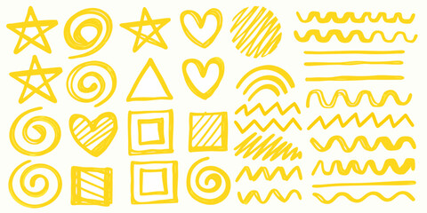 Collection of hand drawn yellow geometric shapes and doodles on a white background