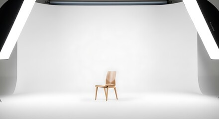 Minimalist wooden chair in a bright white studio setting with softbox lighting