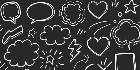 Fototapeta premium Collection of hand drawn doodle elements including speech bubbles hearts stars and lightning bolts on a black background