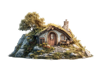 Miniature hobbit house nestled on a rocky hill