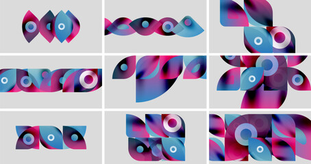 Abstract colorful shapes, geometric designs, modern patterns. Variations showcase gradients, curves, overlapping elements. Visually dynamic composition.