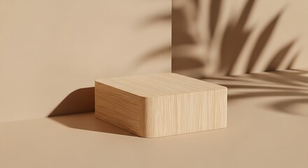 Minimalist wooden podium with soft shadows against a neutral beige backdrop