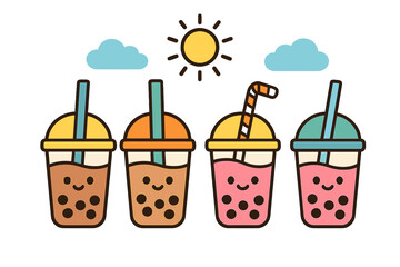 Kawaii bubble tea characters vector set. Cute boba milk tea drinks with smiling faces in a flat cartoon style. Summer beverage illustration for a menu, sticker, or icon.