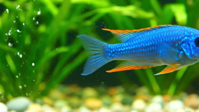 A vibrant blue fish with orangetipped fins swims amidst green plants and gravel in an aquarium