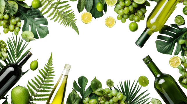 Green fruits, leaves, and bottles on black - Powered by Adobe