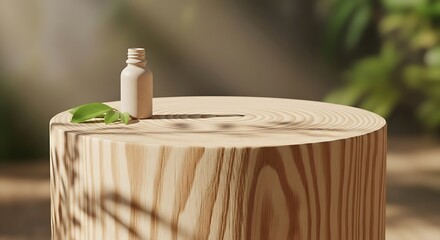 Natural Light Highlights a Light Beige Bottle on a Wooden Stump