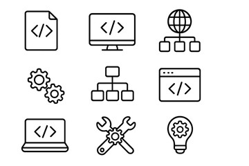 Technology development outline icon set, coding symbols, network infrastructure, software tools collection, vector cartoon illustration with transparent background, organized icons set 2