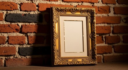 Ornate Gold Frame Leaning Against a Textured Brick Wall with Dramatic Lighting
