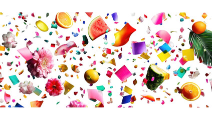 A vibrant explosion of colorful fruit and flowers