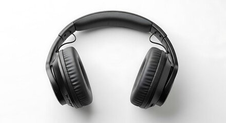 Overhead View of Black Headphones on White Background, Isolated Product Shot