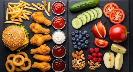 Overhead View of Unhealthy and Healthy Food Choices