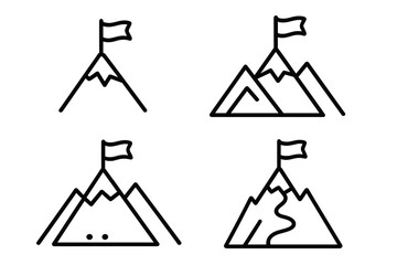 Set of Various Mountain Icons with Flags Symbolizing Achievement, Exploration, and Adventure in Simple Black Line Art Style, Vector Cartoon Illustrations with Transparent Background