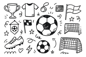 Hand drawn soccer elements set. Doodle football icons and symbols. Vector cartoon illustration collection with ball, goal, trophy cup, medal, cleat, and jersey for sport design.