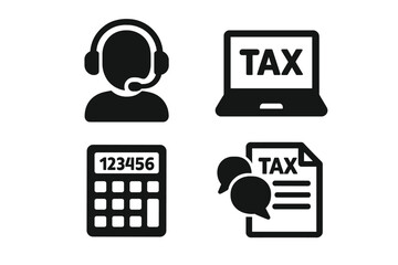 Tax Advisor Icon Set, Solid Filled Vector Icons of Tax Consultant Essentials with Headset, Laptop, Calculator, Speech Bubbles, Tax Document, Cartoon Style Illustration