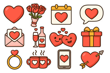 Valentine’s Day themed icons representing love, affection, romance, celebration, couple, gifts, hearts, flowers, and dates in vibrant vector cartoon illustration set with transparent background