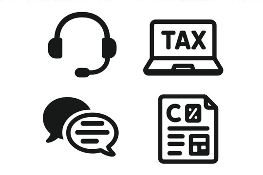Tax Advisor Icon Set, Solid Filled Vector Icons of Essential Tax Consulting Elements, Including Headset, Laptop with Tax Label, Calculator, Speech Bubbles, and Document, Cartoon Style Illustration - Powered by Adobe