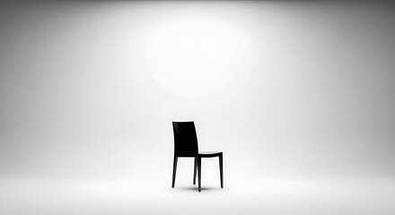 Solitary black chair under spotlight, stark white background, minimalist composition