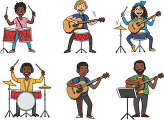 Cartoon musicians playing instruments, kids band with guitar and drum, happy people making music, fun character music illustration design
