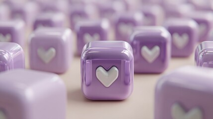 Fototapeta premium Heart symbol positioned amongst a row of purple cubes representing emotion and connection in a modern context