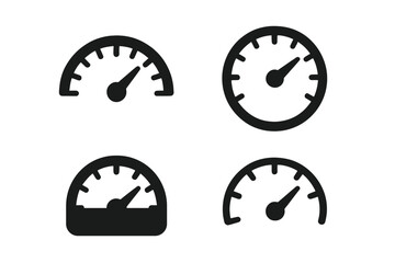 Speedometer and Gauge Silhouette Icon Set, Dashboard Performance Symbols Collection, Vector Cartoon Illustrations, Vehicle Speed Measurement, Transparent Background, Set of 4