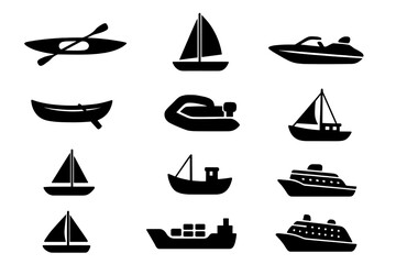 Nautical transportation silhouette icon set with boats, ships, sailboats, yachts, fishing vessels and watercraft collection vector cartoon illustration on transparent background