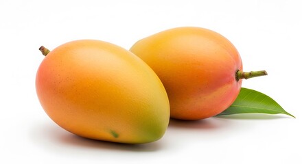 Two Ripe Mangoes with Leaf on White Background, Studio Shot, Close Up