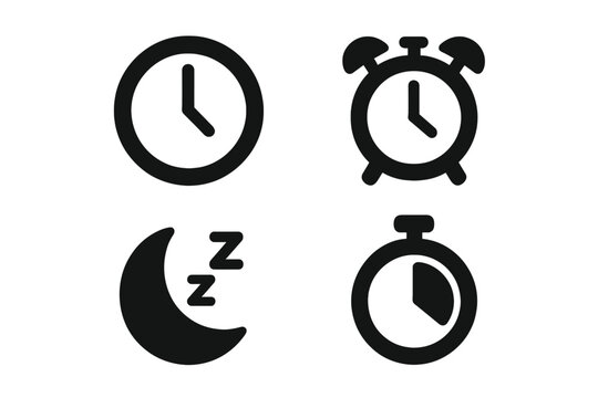 Watch silhouette icon set including time, alarm clock, sleep moon with Zzz, and countdown timer symbols in bold black vector style, cartoon illustration with transparent background, ordered set 1