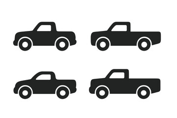 Pickup truck vector icon set. Minimalist vehicle silhouette collection. Car, auto, transport symbol. Simple black pickup graphic for logo, web, app. Isolated automobile side view.