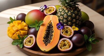Vibrant Tropical Fruit Arrangement with Papaya, Passion Fruit, and Pineapple