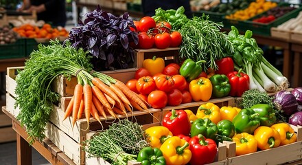 Vibrant Farmers Market Display of Colorful Vegetables in Wooden Crates