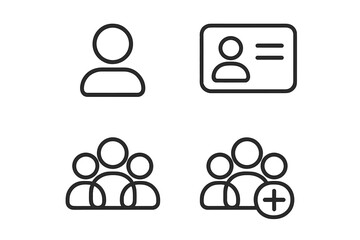 Minimalistic contact and group management icon set. User, profile, team, and add member symbols. Vector illustration for UI/UX web and app design. Simple line art pictogram.