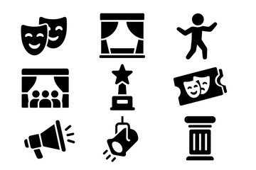 Theater and Performing Arts Solid Icon Set, Drama Masks, Stage, Performance, Spotlight, Trophy, Audience, Ticket, Megaphone Vector Cartoon Illustration Transparent Background